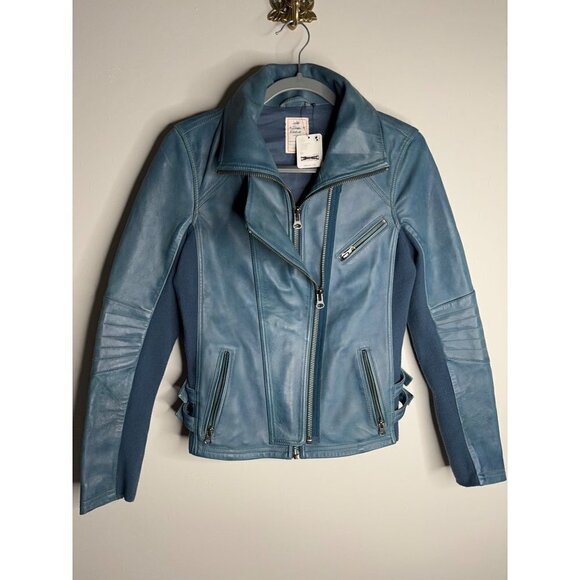 Free People Cora Leather Moto Jacket Size XS Blue NWT $498 - Picture 2 of 6